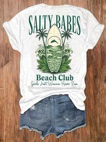 1 Piece Of Women's Short Sleeve T-Shirt With Surfboard Print, Casual Style For Vacation, Women's Clothing Made Of Pure Cotton 180g 100% Cotton. - 白色 - 查看 5