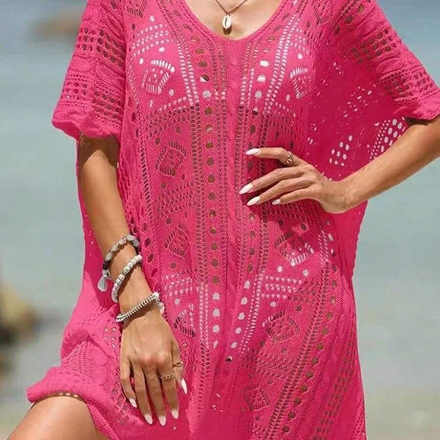 Caftán de Ganchillo Transparente de Manga Corta con Cuello en V y Abertura Lateral con Lazo, Pullover de Punto Abierto para Mujer, Ideal para Vacaciones de Verano y Playa - Rojo - Ver 1