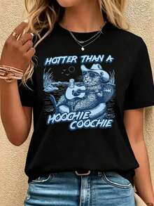Camiseta de gran tamaño con estampado gráfico vintage suave, 100% algodón, con la frase "Más caliente que un castor", vibraciones virales de verano, cuello redondo, manga corta, ropa urbana de moda, transpirable, suave, unisex, ropa de diseñador para mujer, ropa casual - Camiseta de manga corta para mujer, blusa casual para mujer, camisetas de algodón para mujer. - Negro - Ver 1