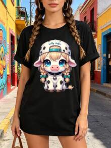 Limited Time Offer, Limited Quantities, Flash ! Women's Casual Shirts, Women's Polyester T-Shirts, Elegant Shirts. Women's Short-Sleeved Crew Neck T-Shirt | Cute Cow Print With Hood And Tie, Machine Washable, Suitable For All Seasons, Soft And Skin-Friendly, Loose And Stylish Fit. - 黑色 - 查看 10