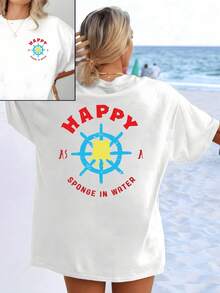 Blue Wheel With Yellow Figure Representing The Joy Of The Sea And Freedom In Every Movement Under Red Letters That Transmit Positive Energy. Women's T-Shirt With Double Print Inspired By Happy Days By The Ocean - 白色 - 查看 8