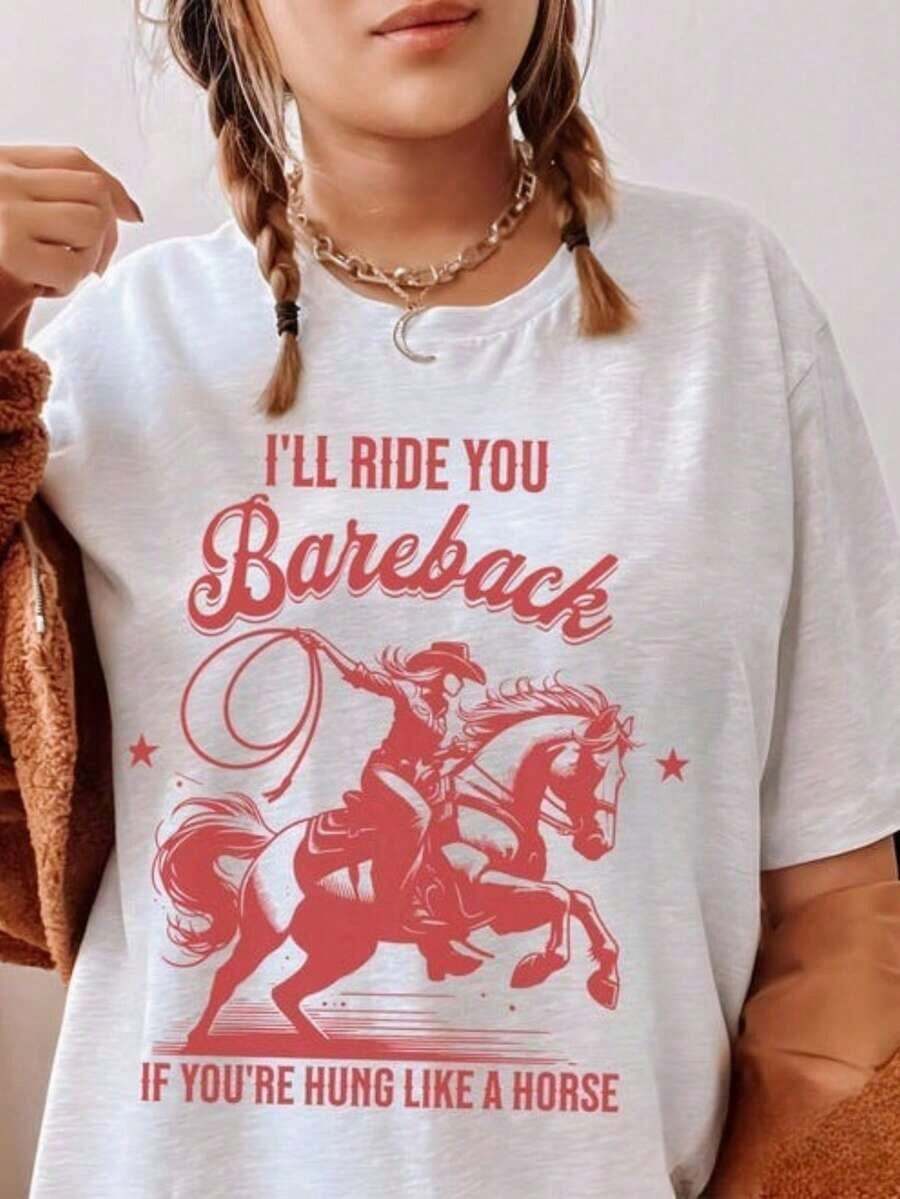 Western Style Denim Shirt, Inappropriate Shirts For Women, Outrageous T-Shirt, Offensive And Embarrassing T-Shirts, Funny Gen Z Meme Gift For Cowgirls, 100% Cotton Short Sleeve T-Shirt, Classic Style, Thick Cotton, With Graphic Print, Casual Short Sleeve Top For Women. - 白色 - 查看 1