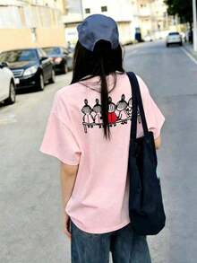 Women's Casual Cotton T-Shirt, Short Sleeve And Round Neck, With A Cute Print On The Back, Perfect For Everyday Wear, Regular Length, With Moderately Elastic Fabric, Cute And Casual Style. - ピンク - 查看 6