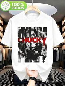 Men's Casual Black T-Shirt With Unique Horror Character Graphic Print, 100% Cotton, Crew Neck And Regular Sleeve For Everyday And Urban Wear - 白色 2 - 查看 1