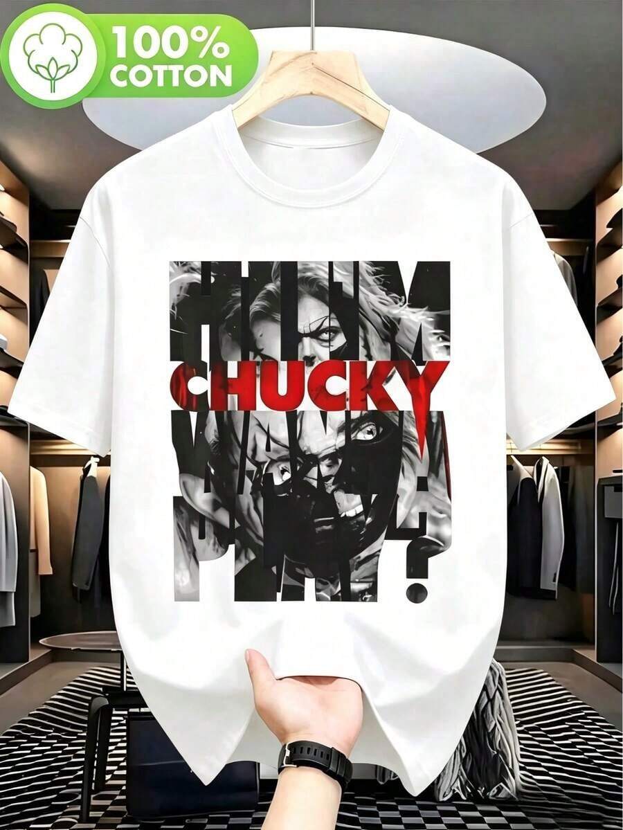Men's Casual Black T-Shirt With Unique Horror Character Graphic Print, 100% Cotton, Crew Neck And Regular Sleeve For Everyday And Urban Wear - 白色 2 - 查看 1