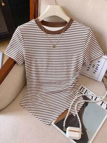de manga corta con pliegues y bajo asimétrico de unicolor casual para mujer, verano - Multicolor 2 - Ver 6