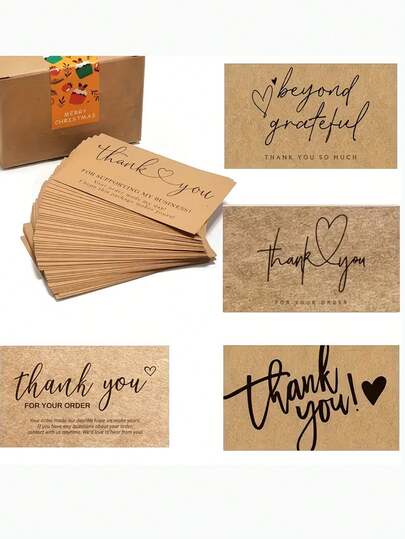 50pcs Kraft Paper Thank You Cards - Featuring Elegant Cursive Script And Heart Designs. High-Quality Greeting Cards Ideal For Expressing Gratitude, Business Appreciation, Special Occasions And Gift Acknowledgements.