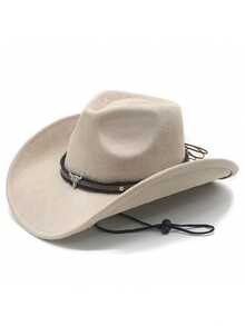 Unisex Western Cowboy Hat With Bull Skull Decor, Wide Brim Felt Cowgirl Hat With Adjustable Chin Strap, Vintage Sun Hat For Outdoor, Party, Festival, 4 Colors - Multicolor - View 7