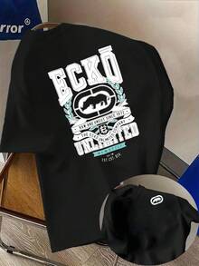 "Rhino Street Soul" sul tuo corpo! T-shirt  a doppia faccia, con motivo a badge a contrasto, casual con un tocco ribelle, T-shirt estiva da uomo rinfrescante e leggera, versatile e alla moda, con scollo rotondo e maniche corte, casual e versatile. - nero - Visualizzare 1