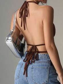Camiseta sin mangas de satén con pliegues, cuello de halter y espalda descubierta, unicolor, de uso casual para mujer - Café integral - Ver 2