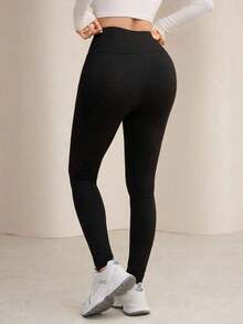 Leggings de cintura alta de unicolor cómodos y casuales para mujer - Negro - Ver 2
