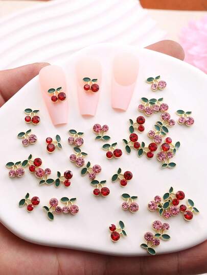 Bộ 36 món trang trí móng tay hình quả anh đào 3D, hỗn hợp ngẫu nhiên màu đỏ và hồng, đá đính móng, kim tuyến, phụ kiện làm móng, thích hợp cho nghệ thuật làm móng, vật liệu làm móng.