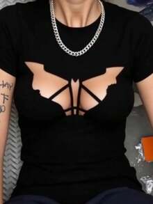 Camiseta Moderna con Diseño Atrevido, Estilo Original para Mujeres, Ideal para Ocasiones Informales o Salidas Nocturnas, Disponible en Talla M y Color Negro, Moda Urbana,  Actual y Popular - Negro - Ver 1