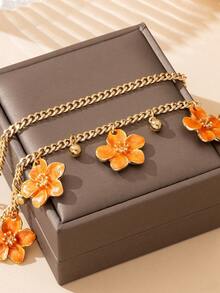 1 Set Handmade Orange 5-Petal Flower & Golden Ball Pendant Anklet, Vintage French Elegant Style (No Gift Box) - Orange - View 2