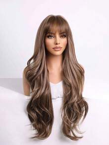Perruque synthétique brune ondulée longue de 26 pouces avec frange, cheveux bouclés naturels résistants à la chaleur pour femmes, convient pour le port quotidien et les fêtes - Tabac - Voir 7