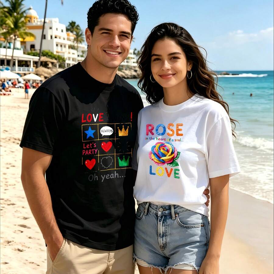 2-Piece Couple Matching Pattern T-Shirt, 100% Cotton, Loose Fit, Soft And Breathable, Casual Round Neck Short Sleeved Top Love Wins Let's Party Oh Yeah Rose Love Versatile Patterns No Picky Combinations Coordinated Dating Casual Travel Simple And Cartoonish Printing Styles High Cost-Effectiveness - 黑色 - 查看 1