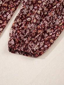 Acelitt Vestido de manga farol con frente fruncido y parches con estampado floral diminuto, elegante para vacaciones de primavera - Burdeos - Ver 10