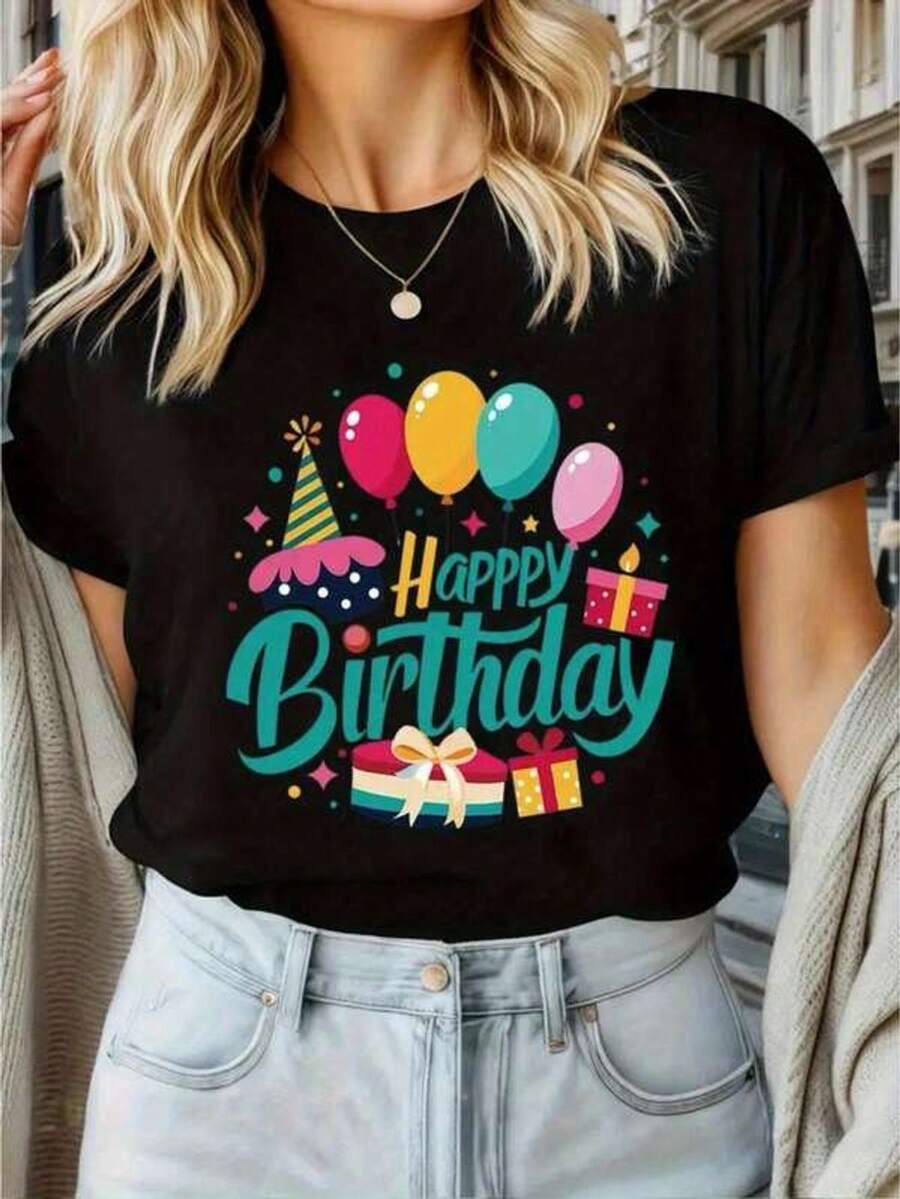 Camiseta elegante de manga corta para mujer con diseño gráfico Feliz cumpleaños - Colores brillantes, globos, regalos y decoraciones de fiesta, diseño casual de cuello redondo para celebraciones de verano, camisetas de cumpleaños.