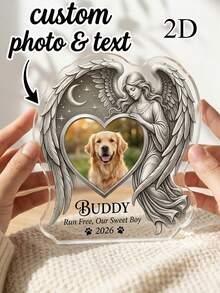 1pc Customizable Acrylic Angel Wings Pet Memorial Plaque, With Angel And Moon Pattern, Customizable Photo And Text, Designed For Vertical Display, A Warm Condolence Gift For Pet Lovers - Model 3 - View 1