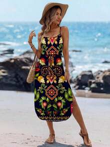 Vestido midi sin mangas con efecto tie-dye, con cintura ajustable y abertura, para el verano - Multicolor 4 - Ver 4