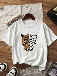 Nueva blusa de verano con estampado de cara de leopardo vintage, cuello redondo, teñido anudado y manga corta.Elegante y versátil para mujer. - Blanco - Ver 6
