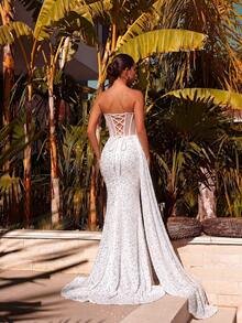 ADYCE Đầm dạ hội hở vai đính sequin, thiết kế xương cá rỗng, eo cao, xếp ly, buộc dây, xẻ lưng, thích hợp cho tiệc cocktail. - trắng - Xem 2