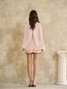Nuevo vestido corto estilo francés con pliegues y diseño capa, look dulce y moderno para mujer europea y americana - Rosa - Ver 5