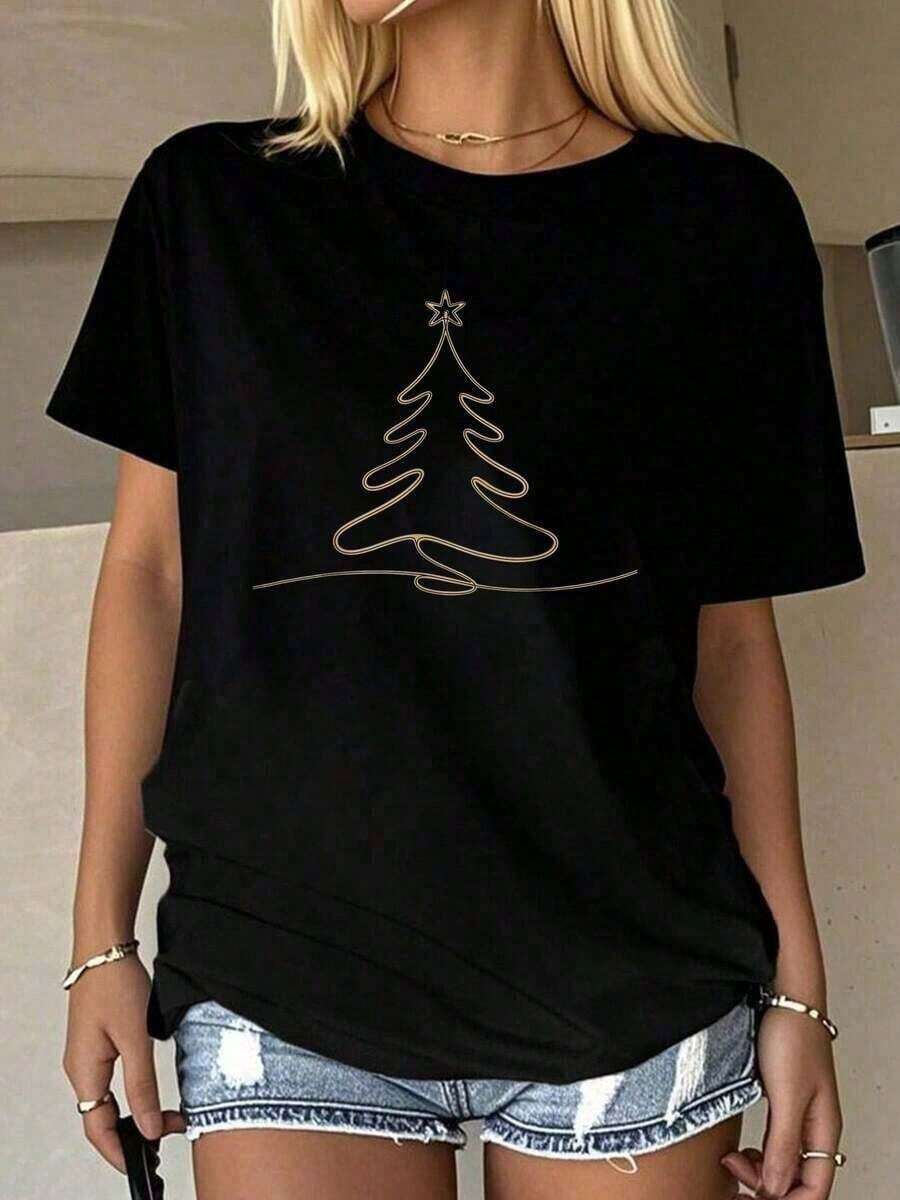 Camiseta Casual con Diseño Minimalista de Árbol de Navidad - Camiseta Moderna con Arte Lineal Navideño para Mujer, Estampado Gráfico Casual, Manga Corta, Cuello Redondo, 100% Algodón, Camiseta Gráfica Navideña para Mujer, Camiseta Negra, 100% Algodón, Duradera - Negro - Ver 1