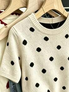 Retro Flocked Polka Dot Element Round Neck Short Sleeve Loose Casual Beige Base Black Dot Korean Relaxed Knit Top, Versatile For Spring/Autumn Commute, Daily Wear, Date - Oatmeal Color - View 4