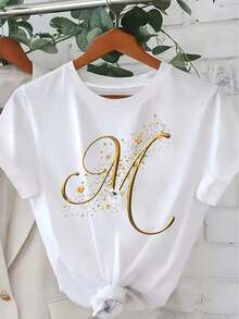 1 T-Shirt With A Shiny Gold Letter M And A Sparkling Star - Initial Monogram, For Casual And Party Wear In White, Gray And Blue, Short Sleeve, Crew Neck, Machine Washable, Gift Option (Design With The Letter M) 180g 100% Cotton - 白色 - 查看 7