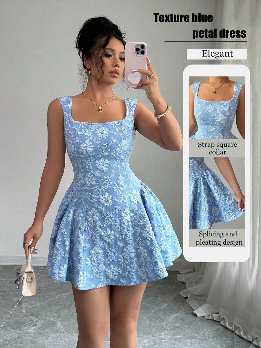 Vestido mini azul de mujer con cuello ancho, sin mangas, cintura recogida y textura de jacquard, elegante y romántico para graduación, baile de graduación, fiesta, festival de música, vacaciones - Azul - Ver 1