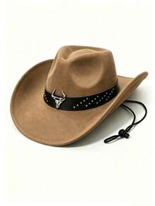 Unisex Faux Suede Western Cowboy Hat With Retro Long Horn Skull Rivet Leather Band, Adjustable Wind Rope, Vintage Cowboy Style For Outdoor, Festival, Travel, Daily Wear, Multi-Color For Men And Women - Suede Fat Cow Hat - View 5