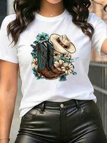 Camiseta de punto blanca informal para mujer, de manga corta, cuello redondo y hombros caídos, para comodidad en verano. - Blanco-2 - Ver 2