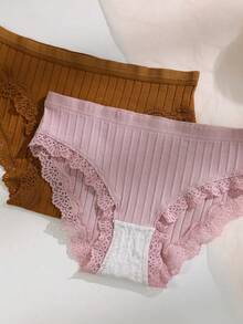 5pcs/Set Women's Sexy Comfortable Lace Patchwork Knit Fabric Elegant Mid-Waist Briefs - Multicolor - View 4