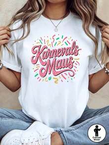 Camiseta Moderna y Minimalista para Mujer con Temática de Ratón del Carnaval Alemán - Decoración con Lema en Color Rosa, Manga Casual, Estilo Festivo y Divertido para Fiestas, Uso Diario Casual - Blanco - Ver 1