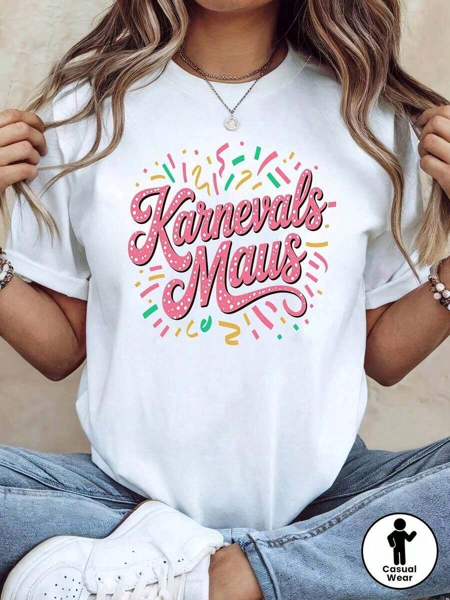 Camiseta Moderna y Minimalista para Mujer con Temática de Ratón del Carnaval Alemán - Decoración con Lema en Color Rosa, Manga Casual, Estilo Festivo y Divertido para Fiestas, Uso Diario Casual - Blanco - Ver 1