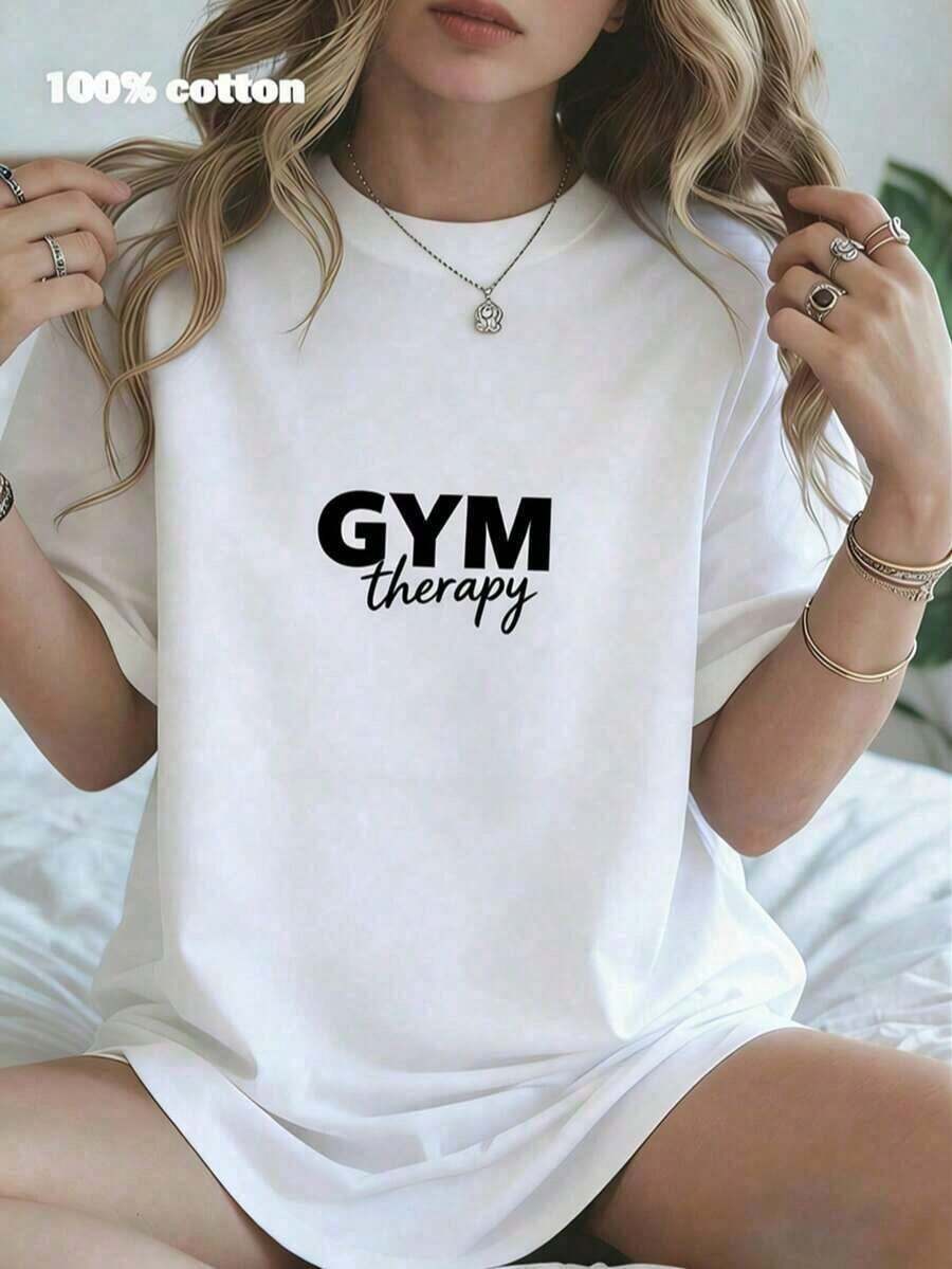 ropa de mujer Gym Therapy Graphic T-Shirt - Camiseta casual de cuello redondo 100% algodón, suave y transpirable, corte relajado, top de verano - Perfecta para entrenamientos, fitness, amantes del gimnasio, uso diario. Top de estilo callejero retro de los 90s, unisex, con un llamativo estampado de retrato, comodidad para todas las estaciones, estilo casual de ropa urbana. Camiseta casual de cuello redondo 100% algodón con estampado de letras a la moda, diseño deportivo unisex para parejas. Ideal para vacaciones, Día de la Madre, Día de la Independencia y más - Camisas de mujer de manga corta - Blanco - Ver 1