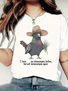 Camiseta casual versátil para mujer, hecha de algodón puro para una comodidad excepcional, diseño sencillo para un estilo diario sin esfuerzo. Camiseta divertida con estampado gráfico para mujer - de manga corta, cuello redondo, estilo casual, con un diseño de pájaro gracioso, perfecta para el uso casual en primavera. | Cuello redondo casual | - Blanco - Ver 1