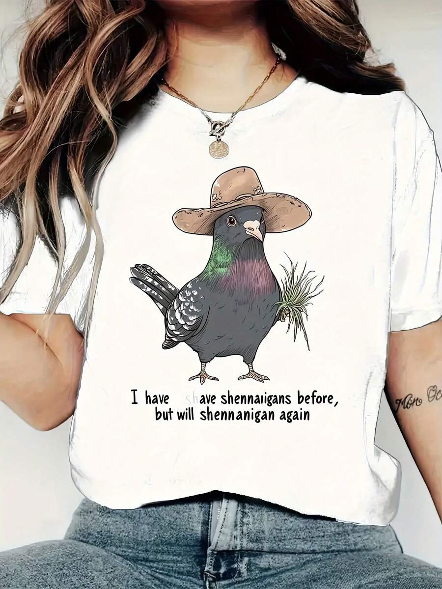 Camiseta casual versátil para mujer, hecha de algodón puro para una comodidad excepcional, diseño sencillo para un estilo diario sin esfuerzo. Camiseta divertida con estampado gráfico para mujer - de manga corta, cuello redondo, estilo casual, con un diseño de pájaro gracioso, perfecta para el uso casual en primavera. | Cuello redondo casual | - Blanco - Ver 1