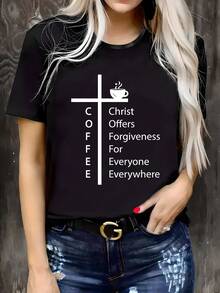 Women's Plus Size Casual T-Shirt With Christian Coffee Design - Crew Neck, Short Sleeves, Lightweight Stretch Fabric, Comfortable All-Season Top, Everyday Wear T-Shirt | Christian Coffee Graphic | Lightweight Top, Plus Size - 黑色 - 查看 1