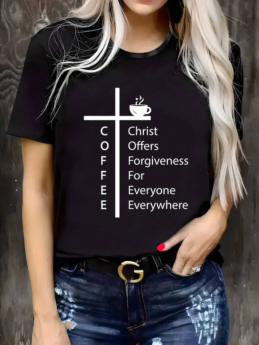 Women's Plus Size Casual T-Shirt With Christian Coffee Design - Crew Neck, Short Sleeves, Lightweight Stretch Fabric, Comfortable All-Season Top, Everyday Wear T-Shirt | Christian Coffee Graphic | Lightweight Top, Plus Size - 黑色 - 查看 1