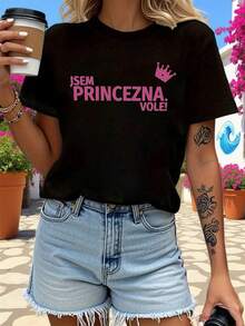 Women's T-Shirt With Czech Letter Print "I Am A Princess Alright", Short Sleeve, Round Neck, Casual Style For Summer And Spring, Women's Clothing - 黑色 - 查看 2