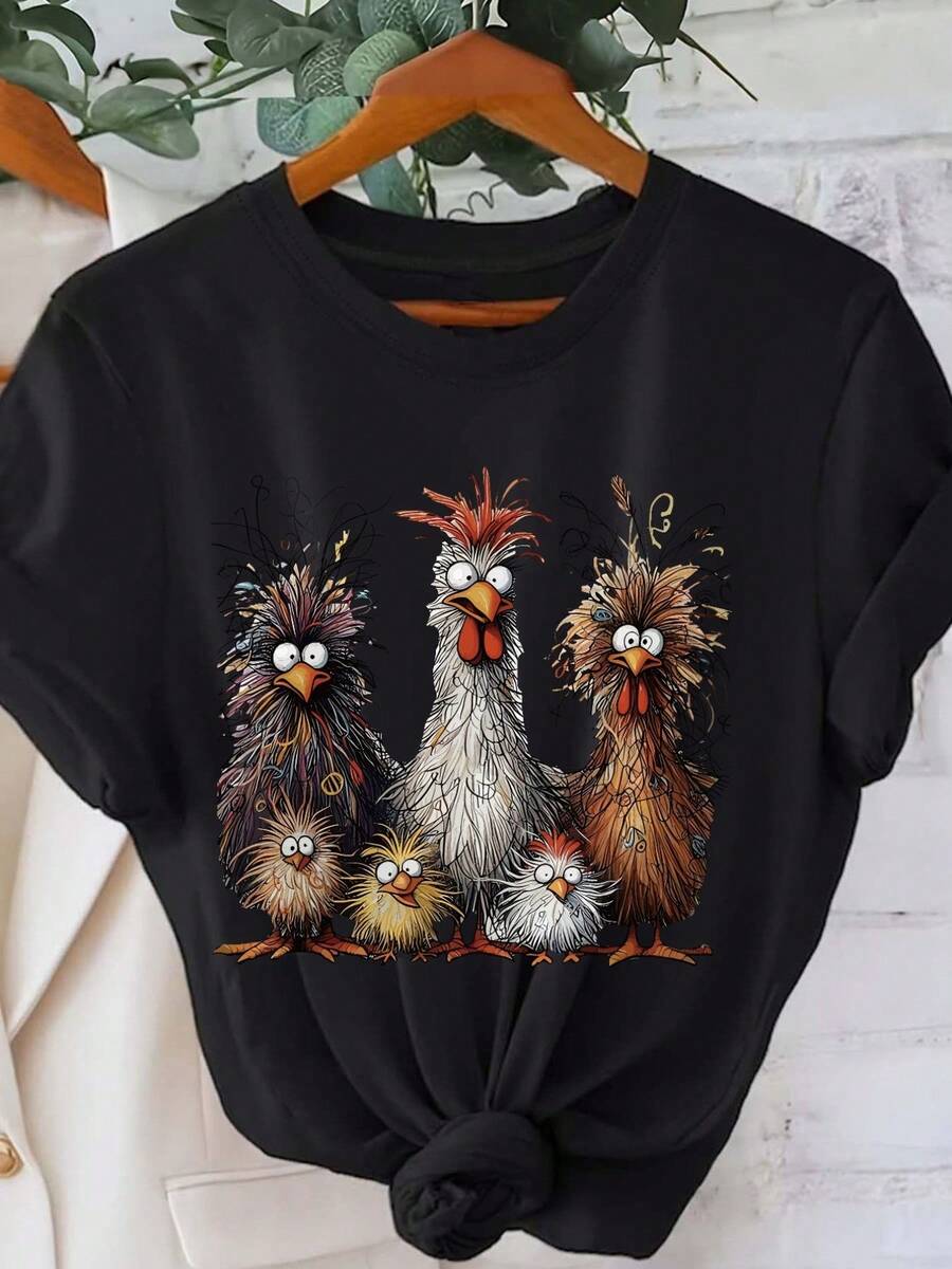 Plus Size - Plus Size - Women's Fashion Printed T-Shirt - Short Sleeve With Cartoon Chicken Family Design, Perfect For Spring And Summer! - Black - View 1