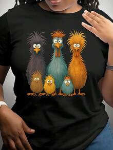 Women's Casual Short Sleeve T-Shirt With Cartoon Chicken Print - Crew Neck T-Shirt With Vibrant Animal Graphic, Medium Stretch Fabric, Machine Washable For Spring, Summer And Autumn, Women's T-Shirts, Everyday Wear, Original Fashion, Breathable Material, Printed T-Shirt, Fun Style - 黑色 - 查看 1