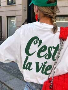 Camiseta de manga corta con cuello redondo y estampado de letras para mujer, adecuada para vacaciones, oficina, uso diario, citas, fiestas, reuniones, calle, carnaval, festivales de música, Día de San Valentín, ocasiones festivas, estilo casual de verano. - Blanco - Ver 5