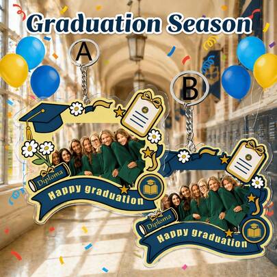 2D Customized Graduation Group Photo Keychain - Acrylic Photo Pendant, Can Personalize With Name And Text, Class Commemorative Gift