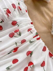 Vestido de tirantes de malla con estampado floral azul y blanco para vacaciones de verano de mujer - Rojo y blanco - Ver 4