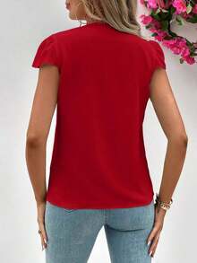 Camisa holgada de manga corta con borde de volantes y cuello en V, con parches unicolor para mujer en verano - Rojo - Ver 2