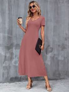 Vestido unicolor con bolsillo oculto escote V - Rosa vieja - Ver 5