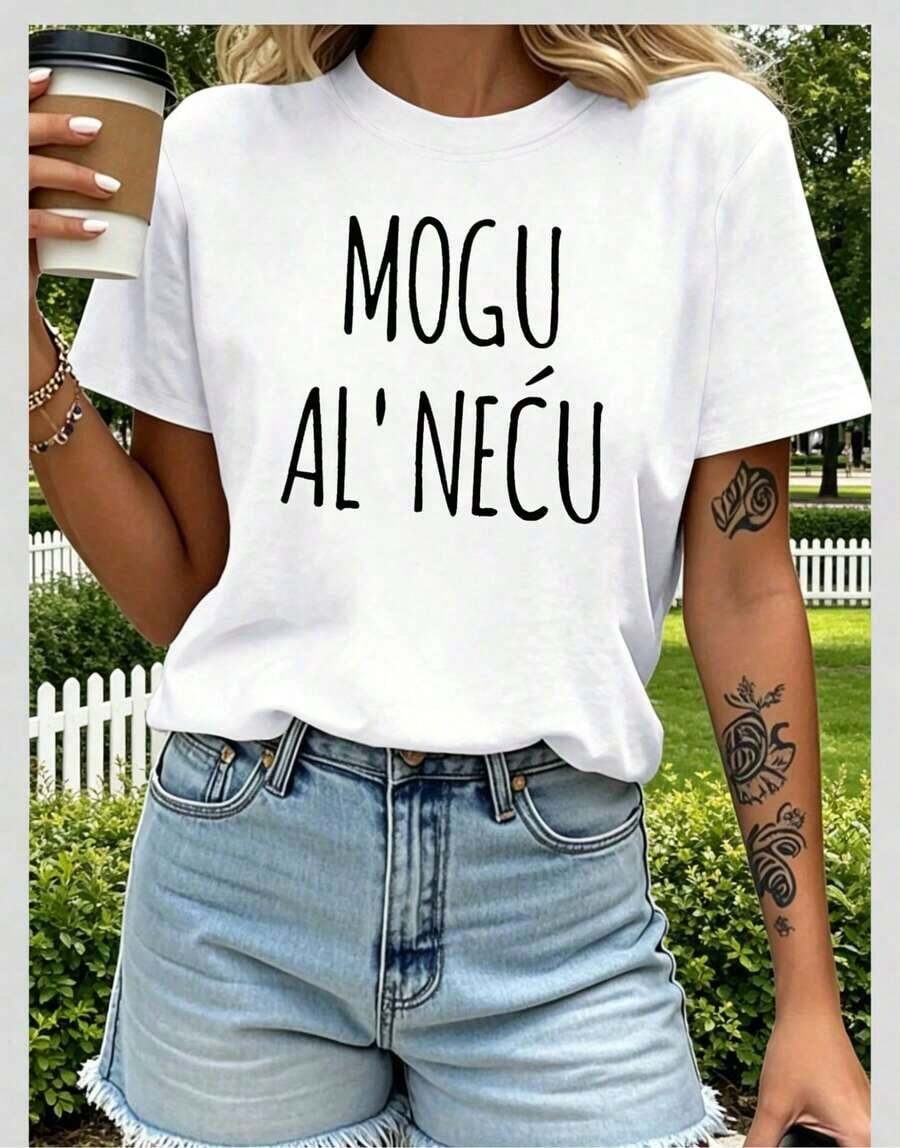 FunnyWo's Summer T-Shirt With Mogu Al Necu's (Croatian) Rebel Quotes Print, Casual Short Sleeve Crew Neck T-Shirt For Spring-Summer, Everyday Style, Daily Outings, Holiday Gift, Plus Size, Loose Fit, Cotton, Casual, Y2K, Streetwear, Boho, Vintage, Minimalist, For Summer - 白色 - 查看 1